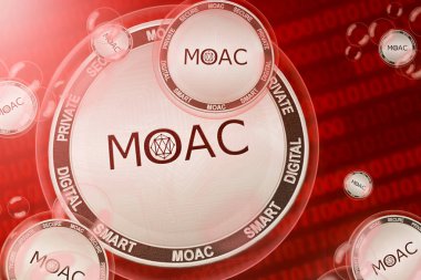 MOAC çökmesi; İkili kod arka planında baloncuklardaki MOAC sikkeleri. Yakın plan.