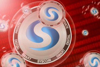 Syscoin kazası; ikili kod arka planında bir baloncukta Syscoin (SYS) bozuklukları. Yakın plan.