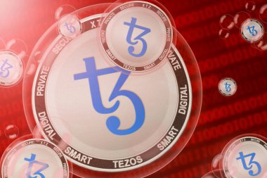 Tezos çöker; Tezos (XTZ) ikili kod arka planında baloncuklar oluşturur. Yakın plan.