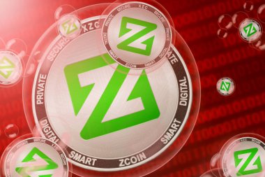 Zcoin çökmesi; Zcoin (XZC) ikili kod arka planında bir baloncukta bozuk paralar. Yakın plan.