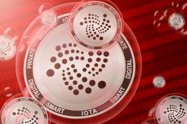 IOTA çökmesi; IOTA (MIOTA) ikili kod arka planında baloncuklar halinde bozuk paralar. Yakın plan.