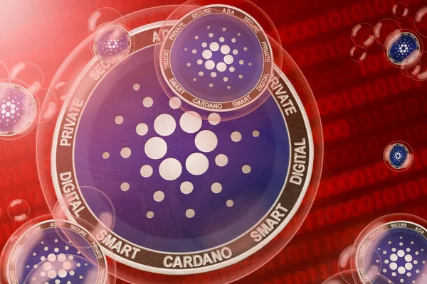 Cardano kazası; Cardano (ADA) ikili kod arka planında baloncuklar halinde bozuk paralar. Yakın plan.