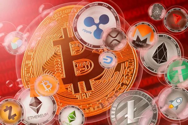 Kripto para çökmesi; ikili kod arkaplanındaki baloncuklardaki üst kripto para birimleri (bitcoin dalgalanması monero ethereum eos iota nem tether stellar dash zcash bitcoin ethereum classic tron)