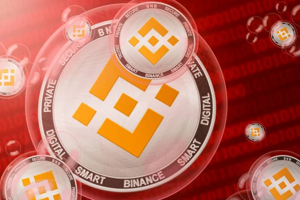 Binance madeni para kazası, ikili kod arka planında baloncuklardaki Binance madeni paraları. Yakın plan.