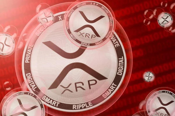 XRP çökmesi; İkili kod arka planında XRP paralar. Yakın plan.
