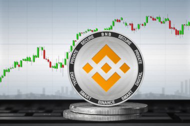 Çizelgenin arka planında Binance Coin (BNB) kripto para birimi; Binance sikkesi
