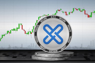 Grafiğin arka planında GXChain (GXC) şifreleme birimi; GXChain madeni parası