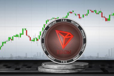 Çizelgenin arka planında Tron (TRX) kripto para birimi; Tron para birimi