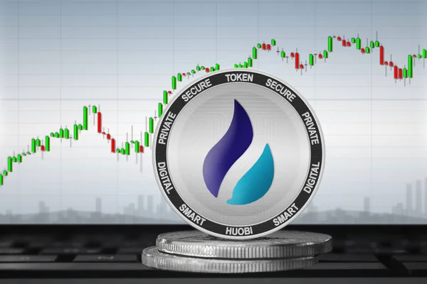 Huobi Token (HT) şifreleme birimi; Çizelgenin arka planında Huobi Token madeni parası