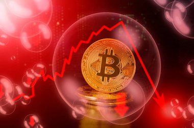Sabun köpüğündeki Bitcoin BTC madeni para. Bitcoin kripto para birimine yatırım yapmanın tehlikeleri ve riskleri. Döviz kurunun düşüşü. Kararsız bir kavram. Çökme balonu