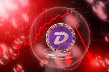 DigiByte DGB coin in a soap bubble. Risks and dangers of investing to DigiByte cryptocurrency. Collapse of the exchange rate. Unstable concept. Down drop crash bubble clipart
