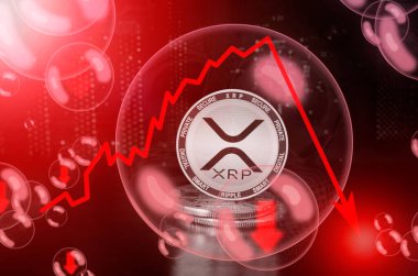 Sabun köpüğünde XRP madeni para. XRP kripto para birimine yatırım yapmanın tehlikeleri ve riskleri. Döviz kurunun düşüşü. Kararsız bir kavram. Çökme balonu