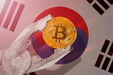 Güney Kore 'de Bitcoin düzenlemesi; Bitcoin btc sikkesi Güney Kore bayrağının arka planında sıkışıyor; sınırlama, yasaklama, yasadışı, yasaklanmış