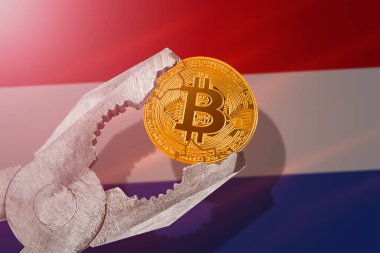 Hollanda 'da Bitcoin düzenlemesi; Hollanda bayrağı arkaplanındaki ahlak masasına sıkıştırılan bitcoin btc sikke; sınırlama, yasaklama, yasadışı, yasaklanmış