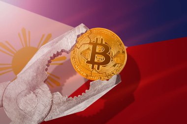 Filipinler 'de Bitcoin düzenlemesi; Filipinler' in bayrak arka planında ahlaksızlığa sıkıştırılan bitcoin madeni para; sınırlama, yasaklama, yasadışı, yasaklanmış