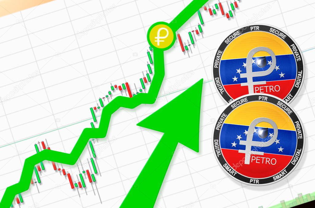 Petro going up; Petro PTR Venezuela cryptocurrency price up; flying rate up success growth price chart (place for text, price)