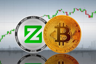 Grafiğin arka planında Bitcoin (BTC) ve Zcoin (XZC) sikkeleri; Bitcoin ve Zcoin şifreleme birimi; şifreleme değişimi