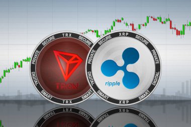 Grafiğin arka planında dalgalanma (XRP) ve Tron (TRX) sikkeleri; dalgalanma ve tron kripto para birimi; şifreleme değişimi
