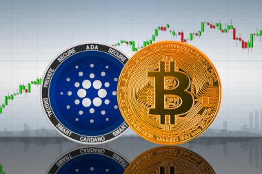 Grafiğin arka planında Bitcoin (BTC) ve Cardano (ADA) sikkeleri; bitcoin ve cardano kripto para birimi; şifreleme değişimi