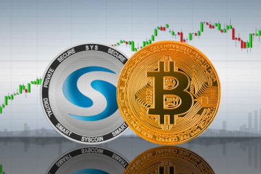 Grafiğin arka planında Bitcoin (BTC) ve Syscoin (SYS) sikkeleri; bitcoin ve syscoin şifreleme birimi; şifreleme değişimi