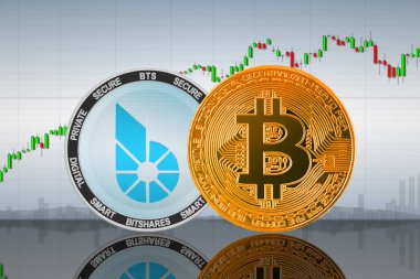 Grafiğin arka planında Bitcoin (BTC) ve BitShares (BTS) sikkeleri; bitcoin ve bitshare kriptosu; şifreleme değişimi