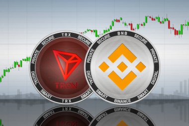 Grafiğin arka planında Binance (BNB) ve Tron (TRX) sikkeleri; binance ve tron şifreleme para birimi; şifreleme değişimi