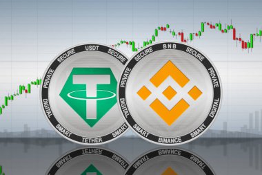 Grafiğin arka planında Binance (BNB) ve USDT (USDT) sikkeleri; binans ve bağlayıcı kripto para birimi; şifreleme değişimi