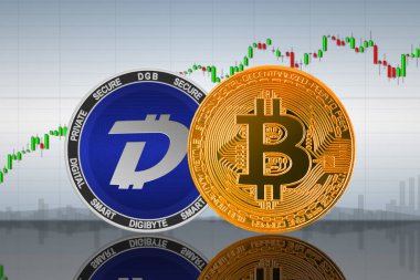 Grafiğin arka planında Bitcoin (BTC) ve DigiByte (DGB) sikkeleri; bitcoin ve digibyte şifreleme para birimi; kripto takas