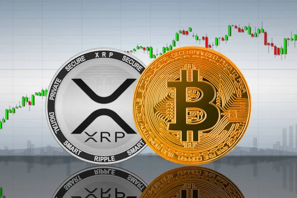 Grafiğin arka planında Bitcoin (BTC) ve XRP sikkeleri; bitcoin ve xrp şifreleme para birimi; şifreleme değişimi