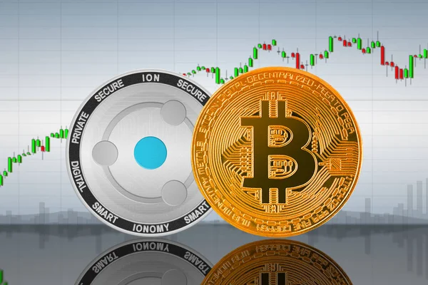 Bitcoin Btc Ion Munten Achtergrond Van Grafiek Bitcoin Ion Cryptogeld — Stockfoto