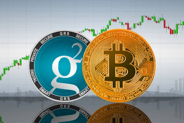 Bitcoin Btc Groestlcoin Grs Érmék Diagram Hátterében Bitcoin Groestlcoin Cryptocurrency — Stock Fotó