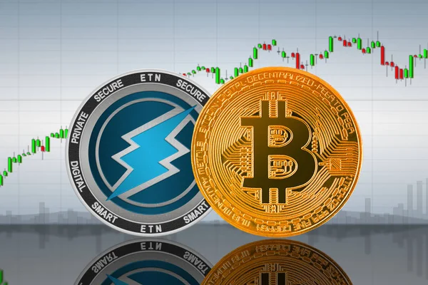 Монеты Bitcoin Btc Electroneum Etn Фоне Графика Биткойн Электронная Криптовалюта — стоковое фото