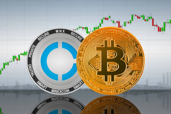 Bitcoin Btc Minexcoin Mnx Munten Achtergrond Van Grafiek Bitcoin Minexcoin — Stockfoto
