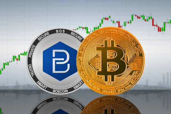 チャートの背景にあるBitcoin Btc とBoscoin Bos コイン ビットコインとボスコイン暗号通貨 暗号交換 — ストック写真