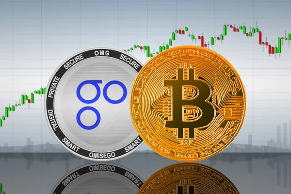 Bitcoin Btc Omisego Omg Munten Achtergrond Van Grafiek Bitcoin Omisego — Stockfoto