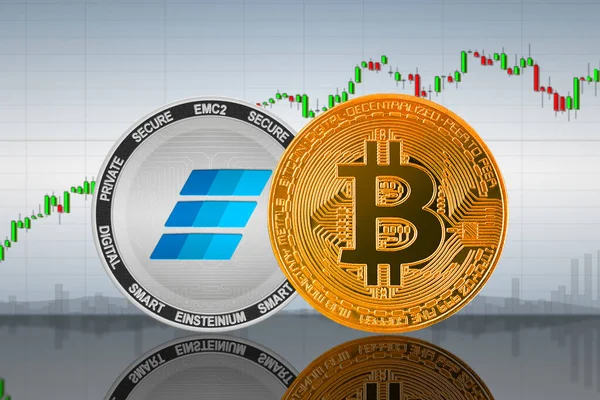 Bitcoin Btc Einsteinium Emc2 Érmék Diagram Hátterében Bitcoin Einsteinium Cryptocurrency — Stock Fotó