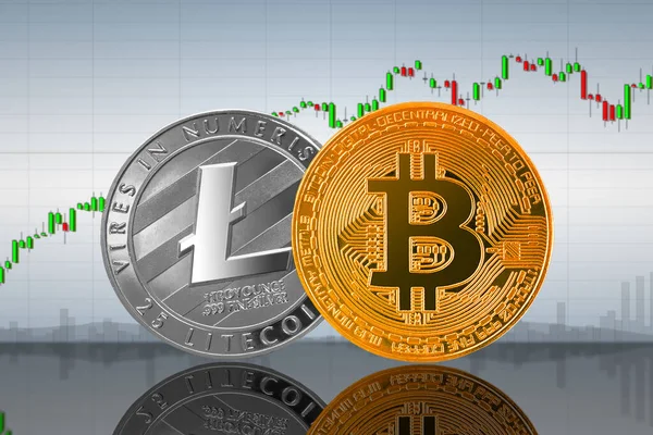 Bitcoin Btc Litecoin Ltc Munten Achtergrond Van Grafiek Bitcoin Litecoin — Stockfoto