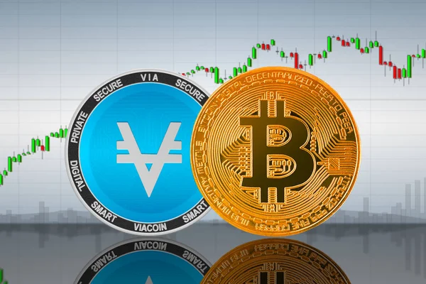 Bitcoin Btc Viacoin Érmék Diagram Hátterében Bitcoin Viacoin Cryptocurrency Kriptovaluta — Stock Fotó