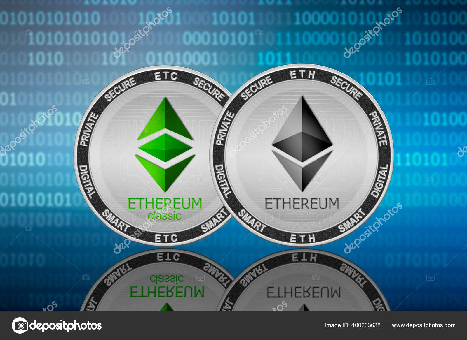 Ethereum Eth Ethereum Classic Etc Coins Binary Code Background Ethereum —  Stock Photo © AlekseyIvanov #400203638