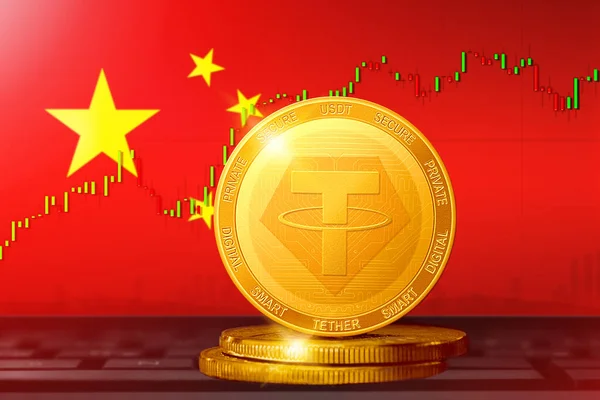 Tether China Tether Usdt Cryptocurrency Golden Coin Background Flag China Royalty Free Stock Photos