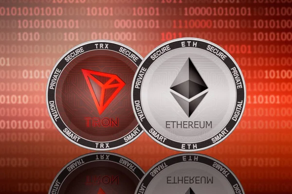 Ethereum Eth Tron Trx Érmék Bináris Kódháttérrel Ethereum Tron Cryptocurrency Stock Kép