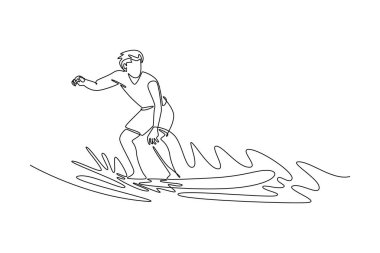 Devamlı bir çizgi, sörfçülerin dengesini, konsantrasyonunu ve heyecan verici yaşam tarzını temsil eden bir dalgada sörf yapan aktif erkek sörfçü çiziyor. Tek çizgi çizimi tasarım vektörü grafik çizimi