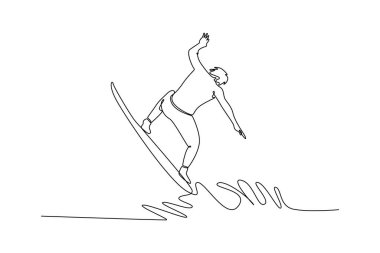 Dalgalar üzerinde hareketli erkek sörfçü atletlerin arka planda kalan tek çizgisi. Dengeyi, konsantrasyonu ve heyecan verici yaşam tarzını temsil ediyor. Tek çizgi çizimi tasarım vektörü grafik çizimi