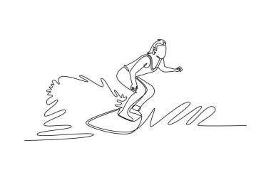 Tek sıra halinde, kadın sörfçü sporcuları dalgalar üzerinde hareket halinde çekiyor. Dengeyi, konsantrasyonu ve heyecan verici spor yaşam tarzını temsil ediyor. Bir çizgi çizimi grafik tasarım vektör çizimi