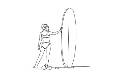 Arkaya bakan tek sıra sörfçü kadın sörf tahtasıyla sahilde duruyor ve dalgalara bakıyor. Beklenti, özgürlük, denizin huzurlu heyecanı. Bir çizgi çizimi grafik tasarım vektör çizimi
