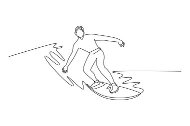 Dalgalarda hareket halindeki erkek sörfçüyü çeken tek çizgi. Dengeyi, konsantrasyonu ve sörfçülerin heyecan verici yaşam tarzını temsil ediyor. aralıksız çizgi çizimi tasarım grafik vektör çizimi