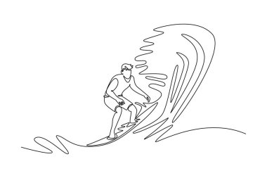 Tek bir çizgi, erkek sörfçü sporcuyu büyük dalgalarla harekete geçiriyor. Özgürlüğü, atletik beceriyi ve okyanusun güçlü hareketini sembolize ediyor. Aralıksız çizgi çizimi tasarım grafik vektör çizimi