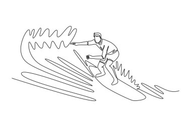 Tek bir çizgi, erkek sörfçü sporcuyu büyük dalgalarla harekete geçiriyor. Özgürlüğü, atletik beceriyi ve okyanusun güçlü hareketini sembolize ediyor. Aralıksız çizgi çizimi tasarım grafik vektör çizimi
