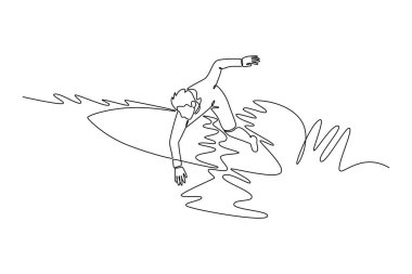 Bir çizgi, erkek sörfçü sporcuyu dalgalar üzerinde hareket halinde, tek eliyle suya dokunuyor. Kontrolü, dengeyi ve yeteneği sembolize ediyor. Aralıksız çizgi çizimi tasarım grafik vektör çizimi