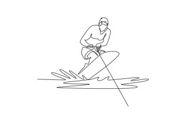 Tek sıra halinde, genç bir erkek sporcunun wakeboard dönüşünü çiziyor. Atletik beceri, denge ve sporun heyecan verici özgürlüğü. Modern sürekli çizgi çizimi tasarım grafik vektör çizimi